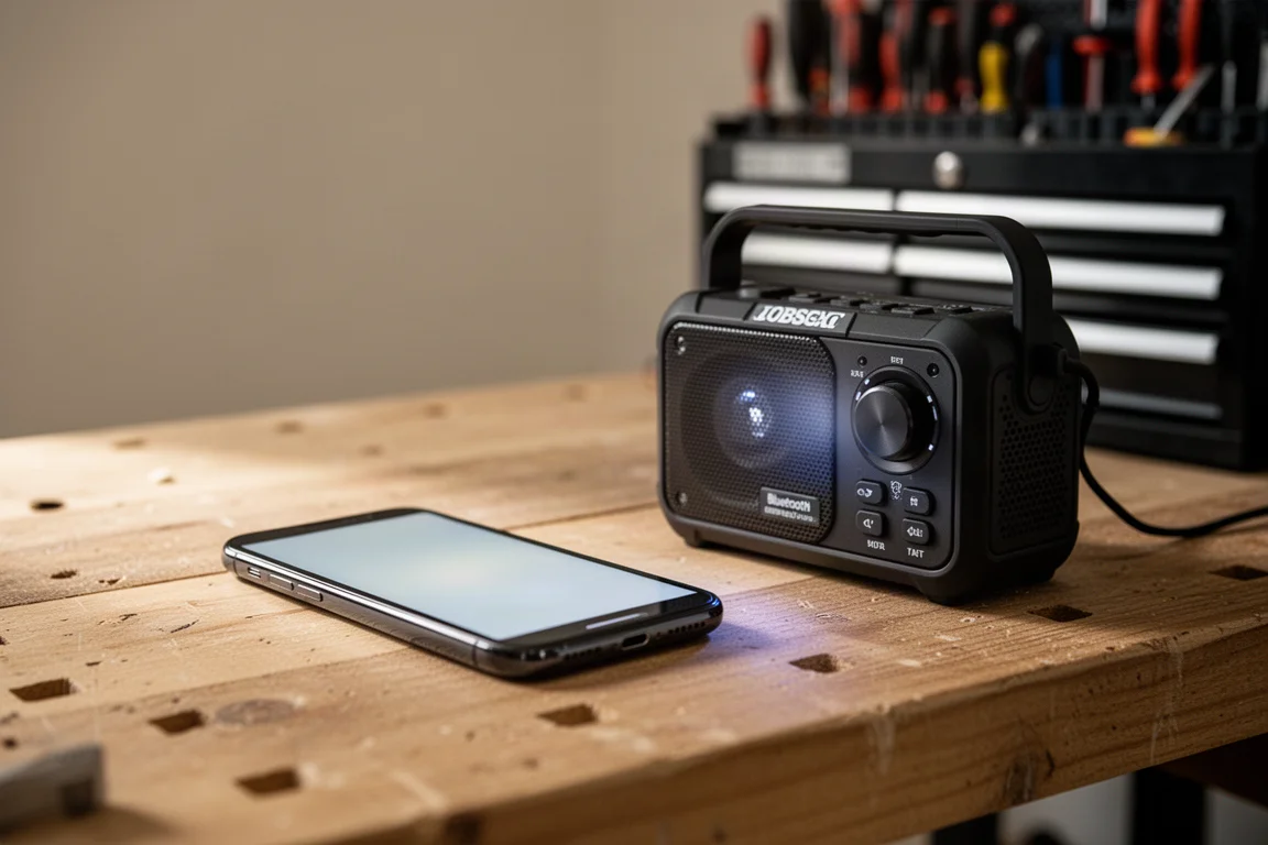 Smartfon połączony z radiem budowlanym przez Bluetooth, na stole warsztatowym