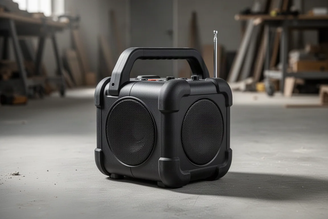 Compact black jobsite radio with speaker grille and folding antenna on concrete floor