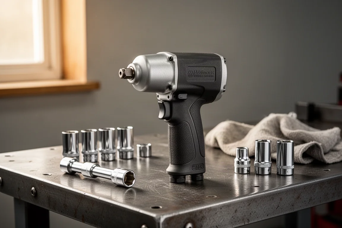Impact wrench apoyada sobre un banco de trabajo de acero junto a vasos de mecánico