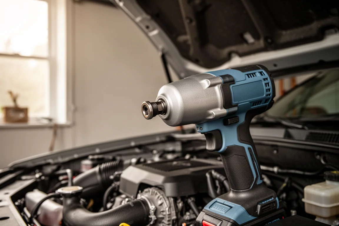 Capó de camioneta abierto con una impact wrench trabajando en fijaciones del motor
