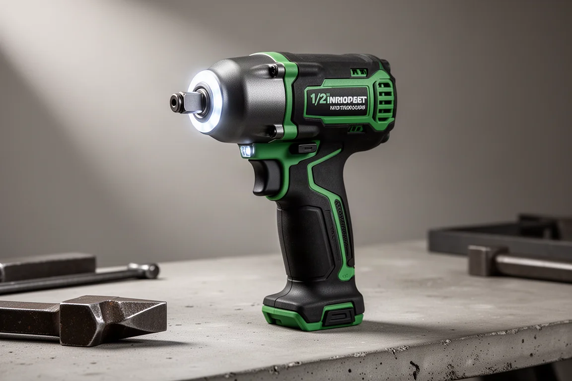 Compact black and green mid-torque impact wrench on a concrete workbench