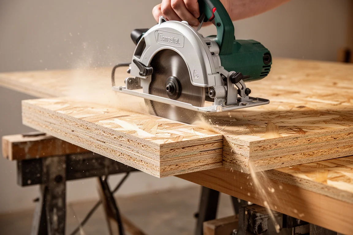 Rear handle circular saw cutting through a stack of thick OSB sheets