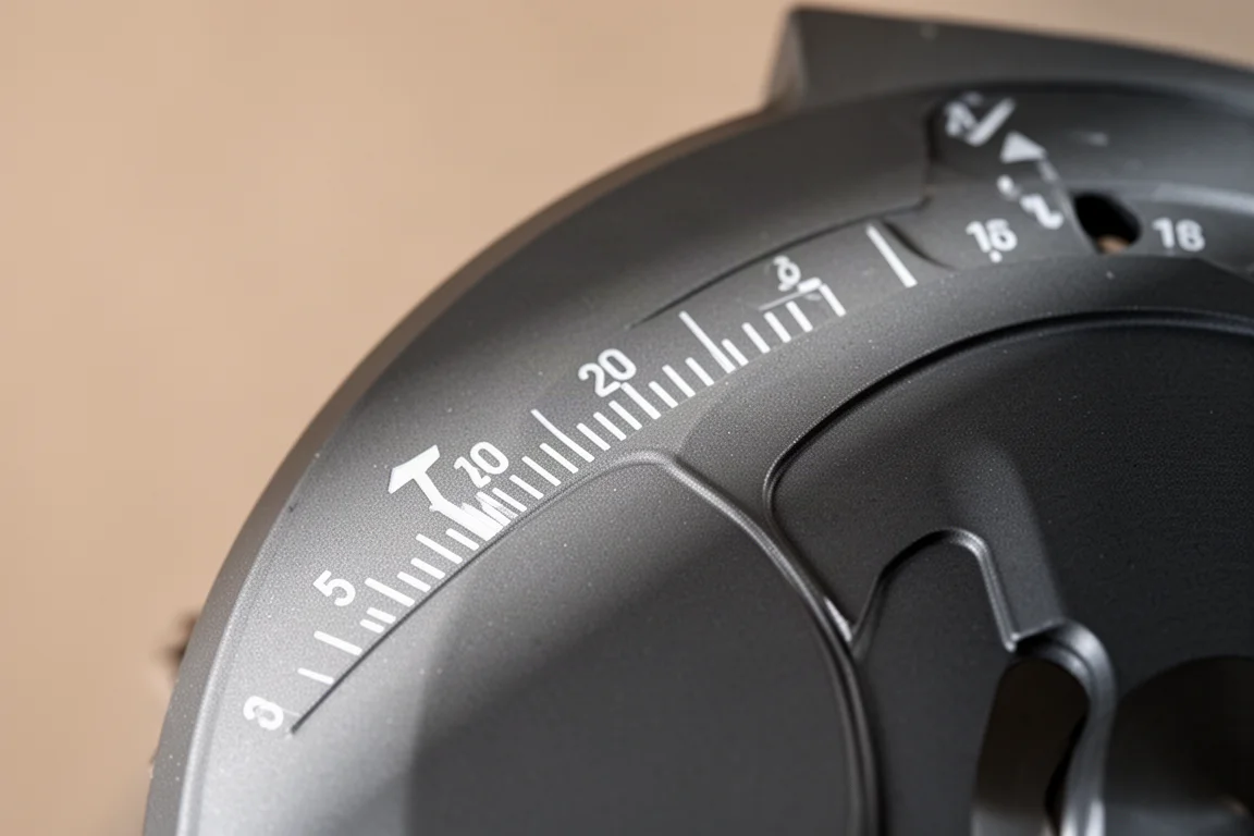 Close-up of a circular saw's magnesium base plate showing angle markings