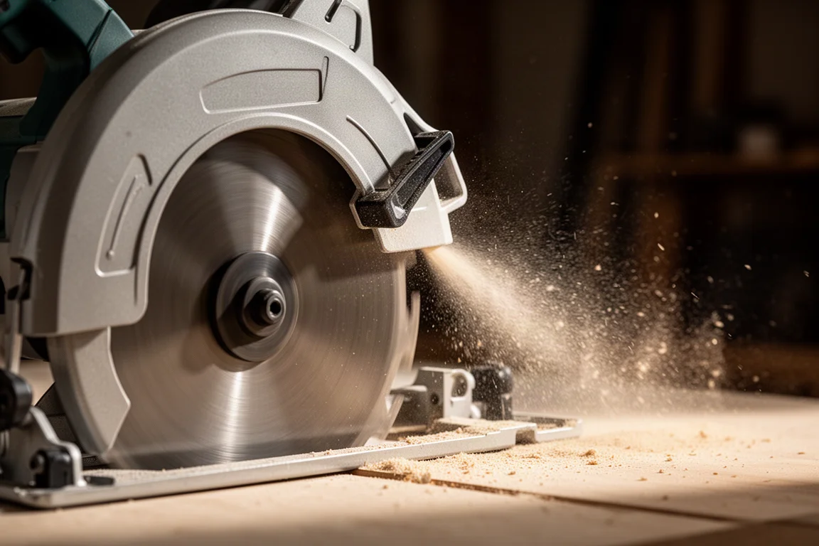 Circular saw blade guard and dust ejection port throwing sawdust in a workshop