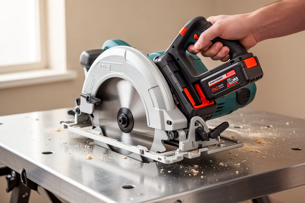 Battery pack being slid into a circular saw on a workbench