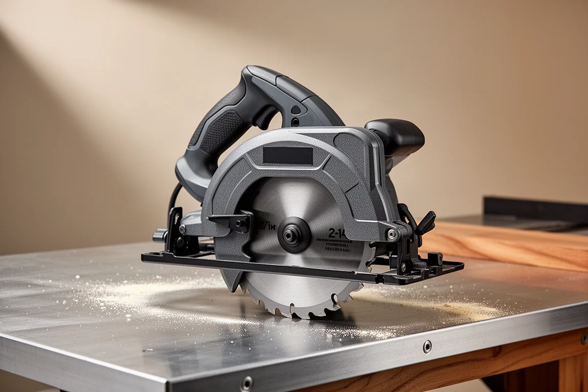 Rear handle circular saw on a brushed steel workbench at a three-quarter angle