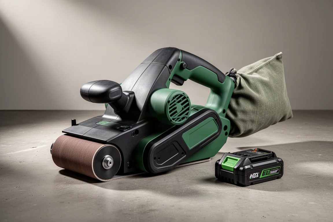 Metabo HPT MultiVolt belt sander with dust bag and battery on concrete floor
