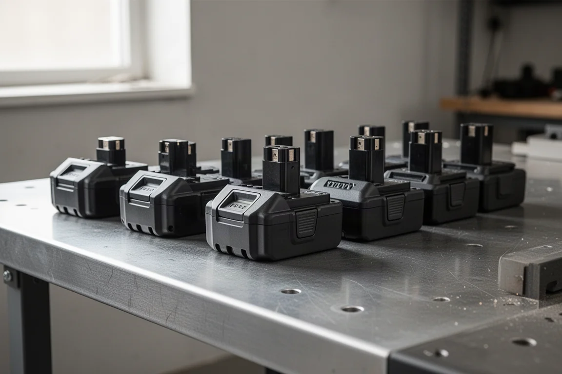 Cordless power tool batteries lined up on a workshop bench