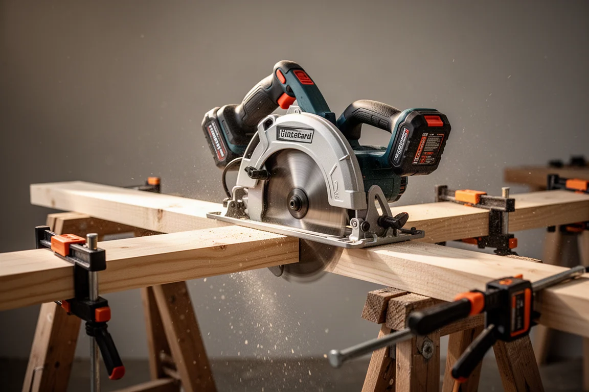Cordless circular saw cutting a board in a workshop