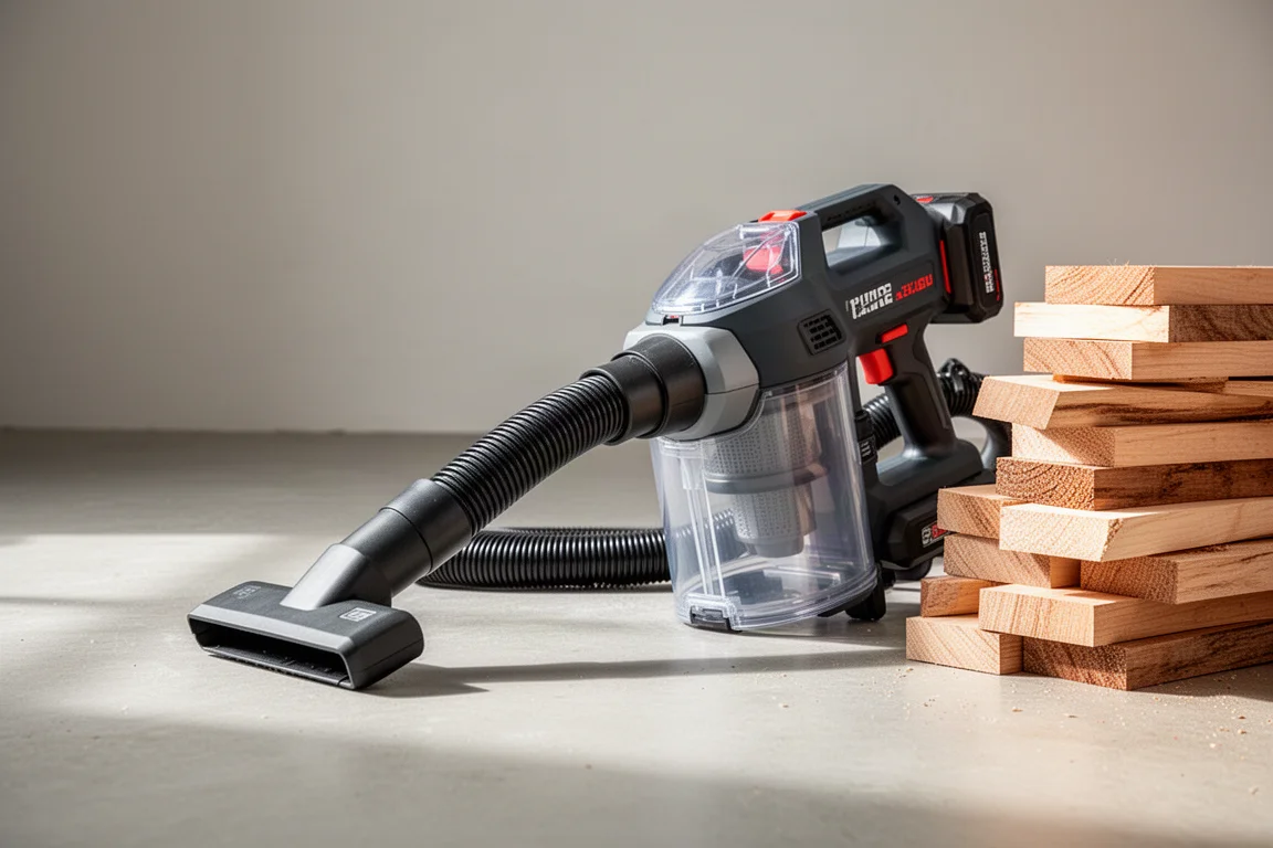 Workshop vacuum with hose resting on a concrete floor