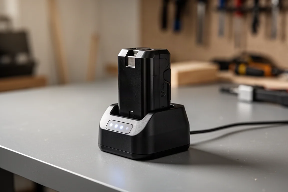 Battery charger with a battery pack on a workbench