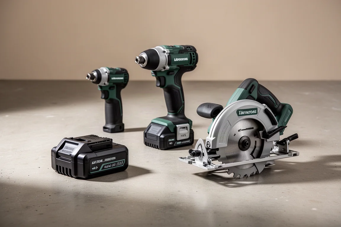 Collection of cordless power tools and a battery pack on a concrete floor
