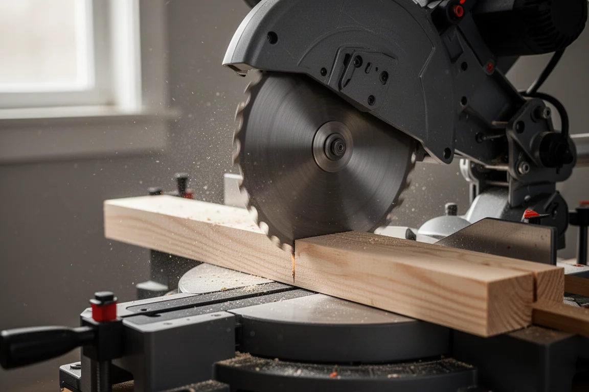 Miter saw blade cutting through a length of lumber on a workbench