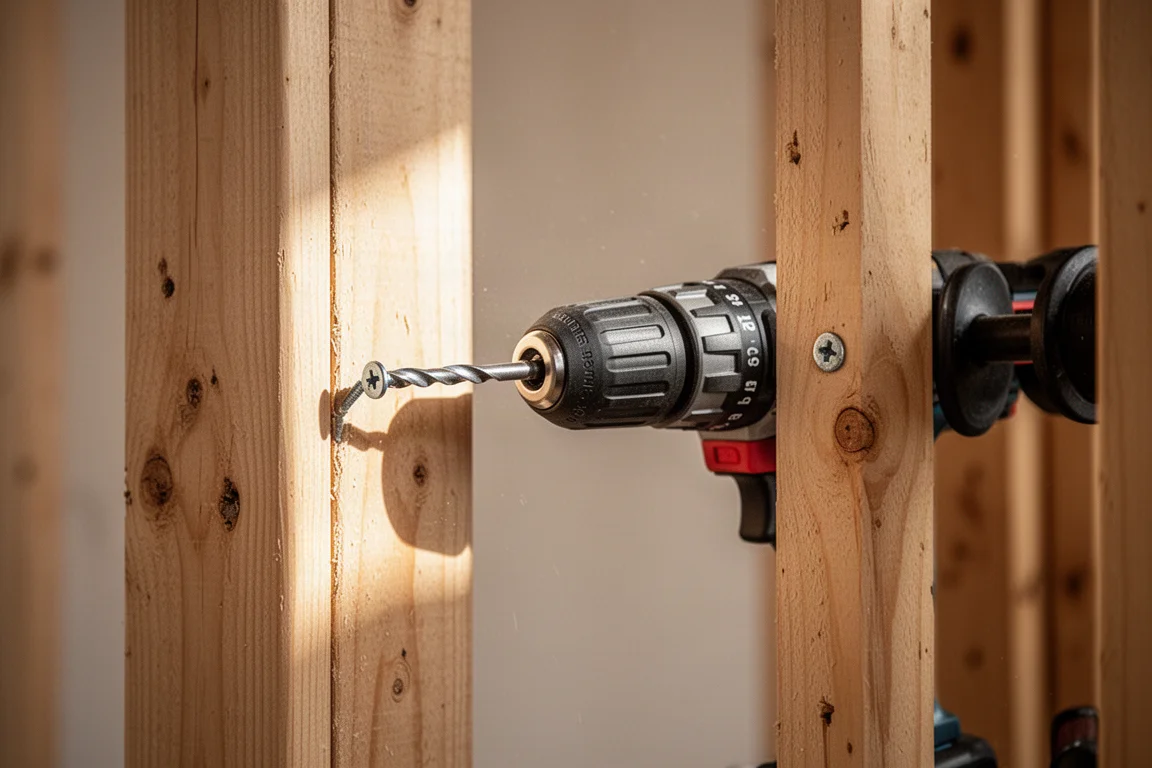 Cordless hammer drill driving a fastener into a wooden stud in a framed wall