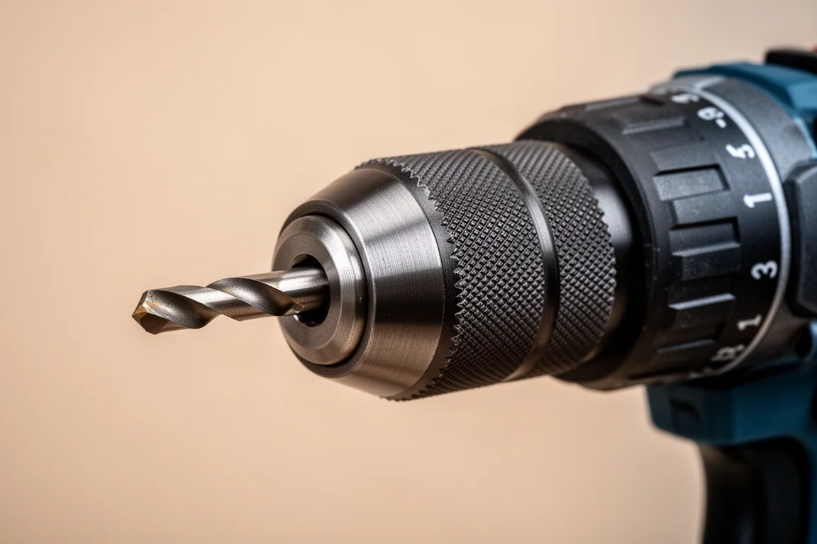 Close-up of a smooth metallic drill chuck with a bit seated inside