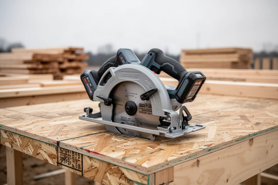 Large 36V circular saw resting on plywood sheathing at a framing site