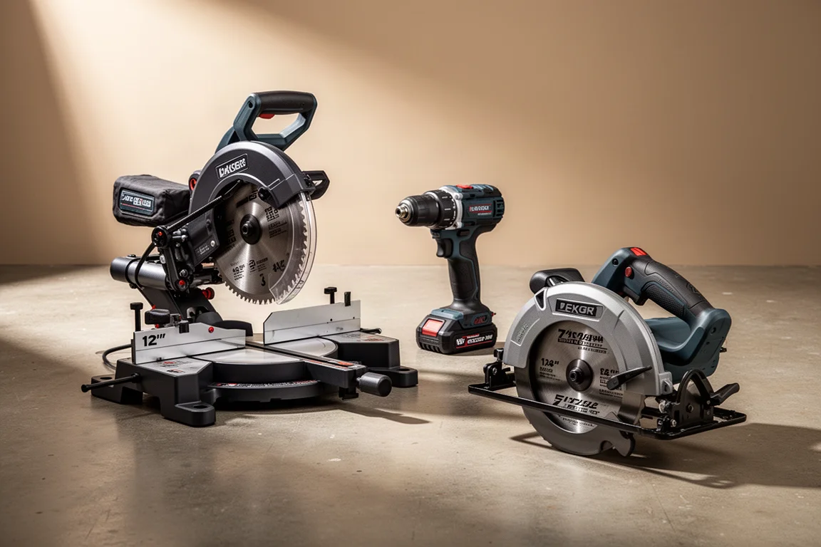 Metabo HPT miter saw, hammer drill, and circular saw arranged on a concrete workshop floor