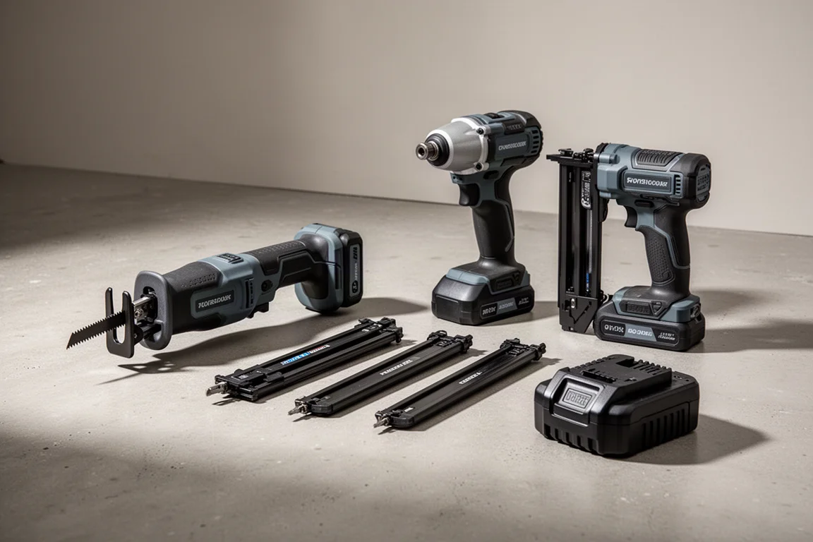 Collection of Metabo HPT cordless power tools arranged on concrete