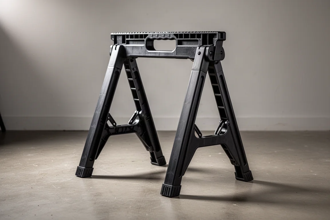 Pair of black folding plastic saw horses open on a concrete workshop floor