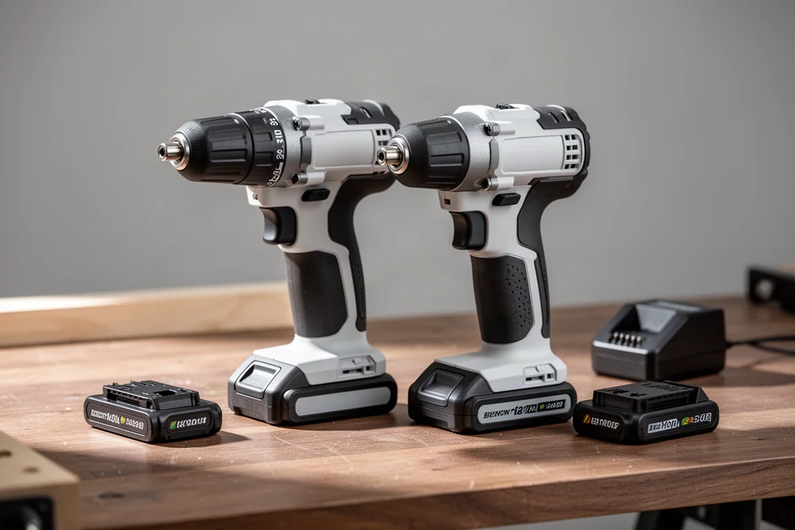 Compact cordless drill and impact driver combo kit on a wooden workbench