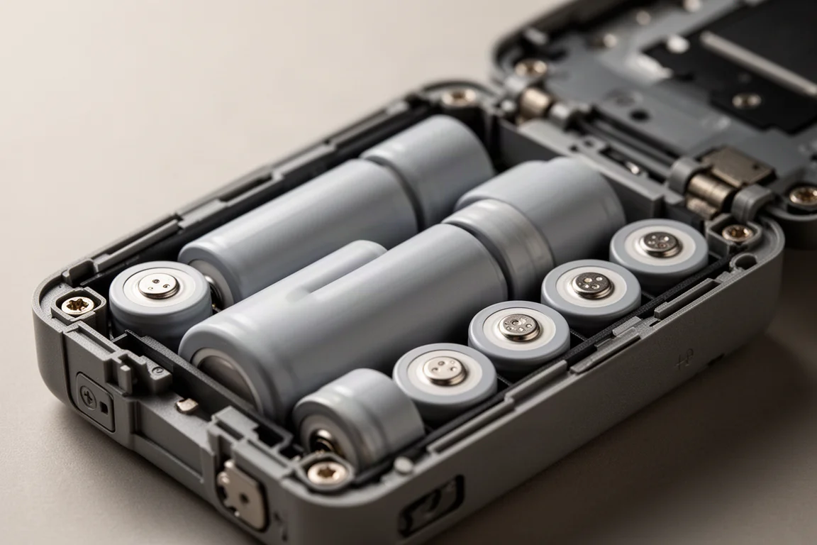 Primo piano di celle al litio disposte all'interno di un alloggiamento batteria aperto