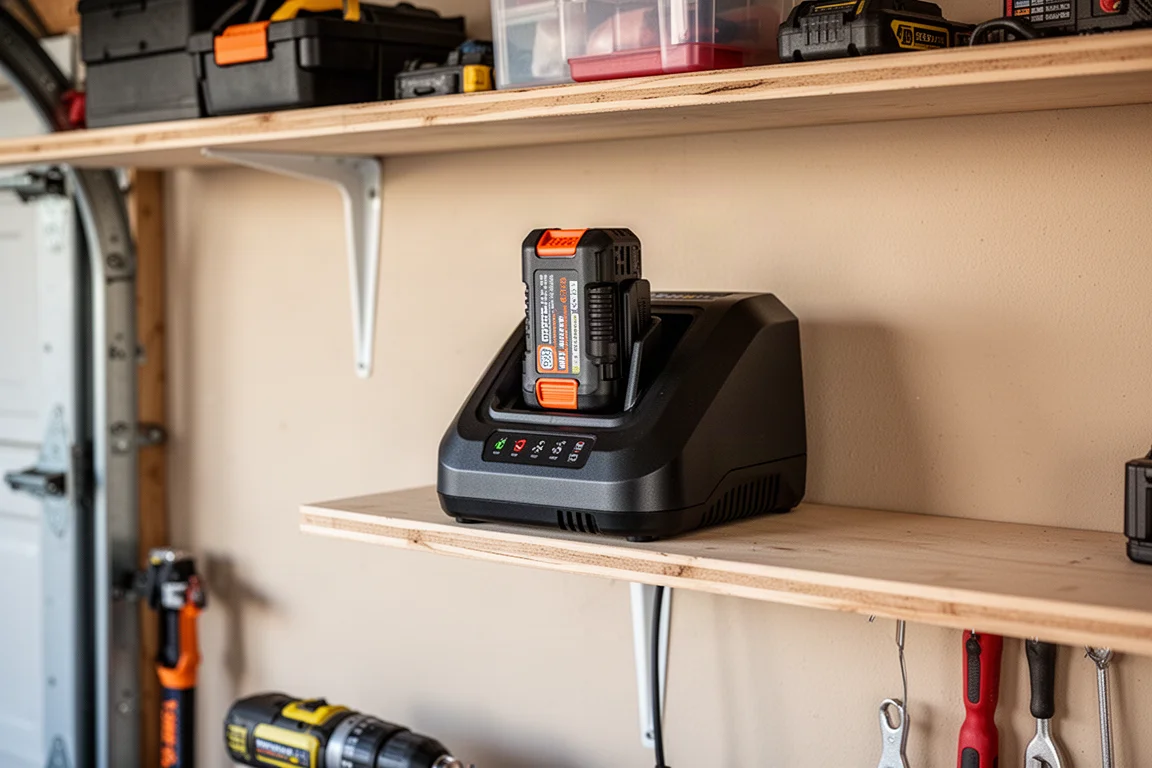 Caricabatterie da banco montato su una parete del garage con una batteria inserita