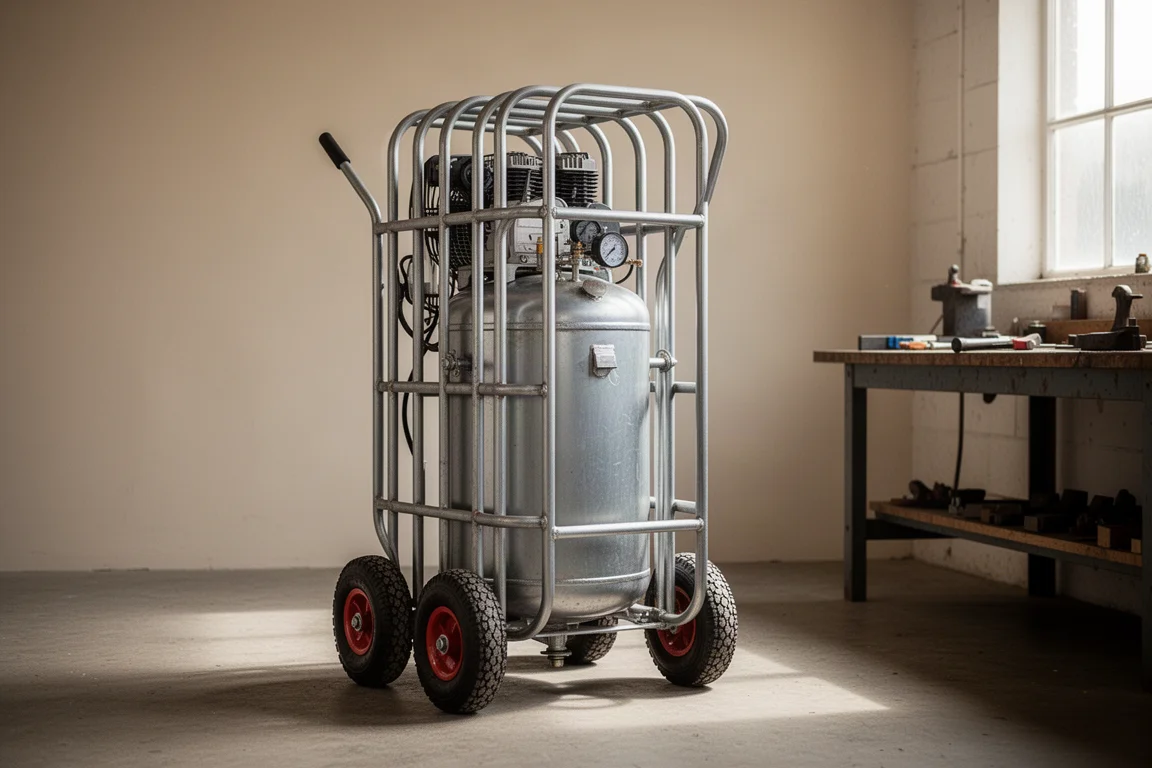 Compresseur d'air vertical de 8 gallons posé sur un sol de béton dans un atelier