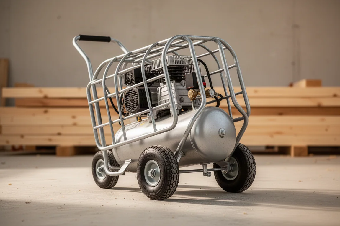 Compresseur d'air de type chariot avec cage de protection et roues pneumatiques sur un chantier