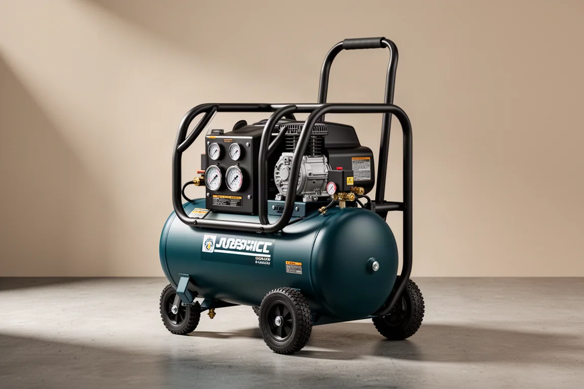 Upright 8-gallon trolley-style jobsite air compressor with roll cage and gauges on concrete