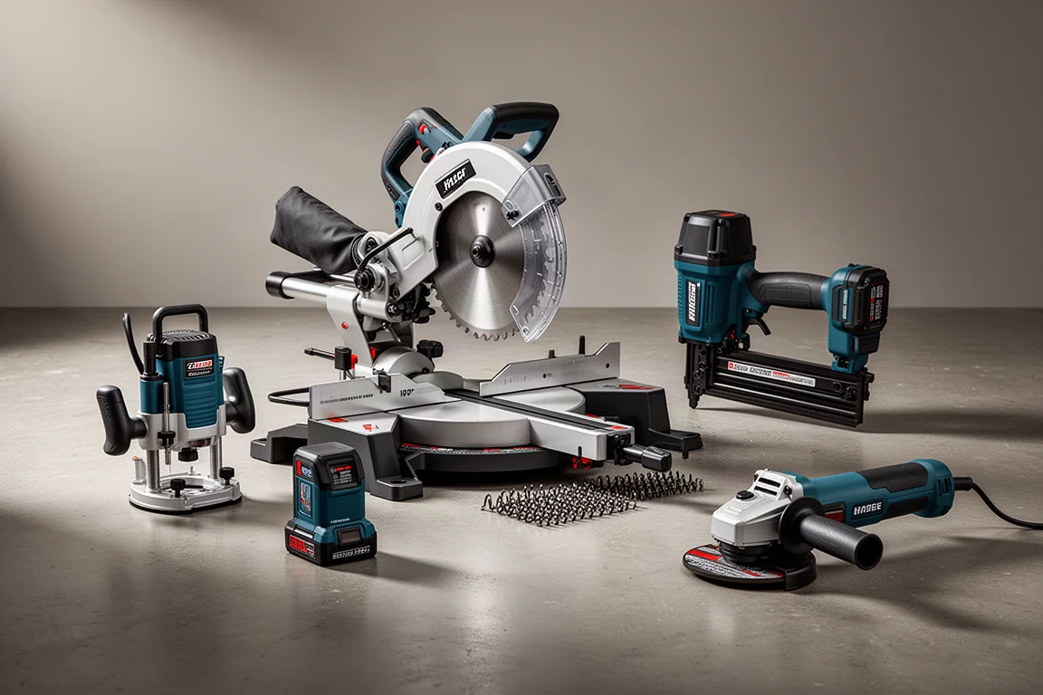 Assorted Metabo HPT power tools including router, miter saw, circular saw, nailer, and grinder on concrete
