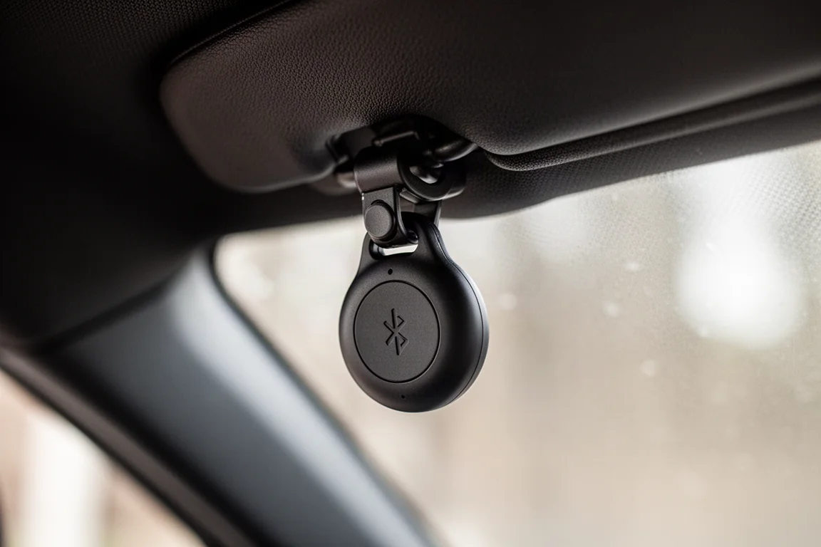 Petit tracker Bluetooth fixé sur un pare-soleil de voiture