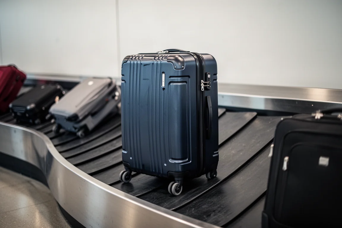 Valise sur un tapis roulant d'aéroport entourée de bagages similaires