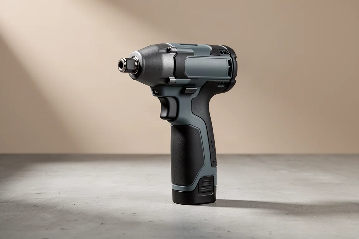 Compact cordless impact driver standing upright on a concrete surface