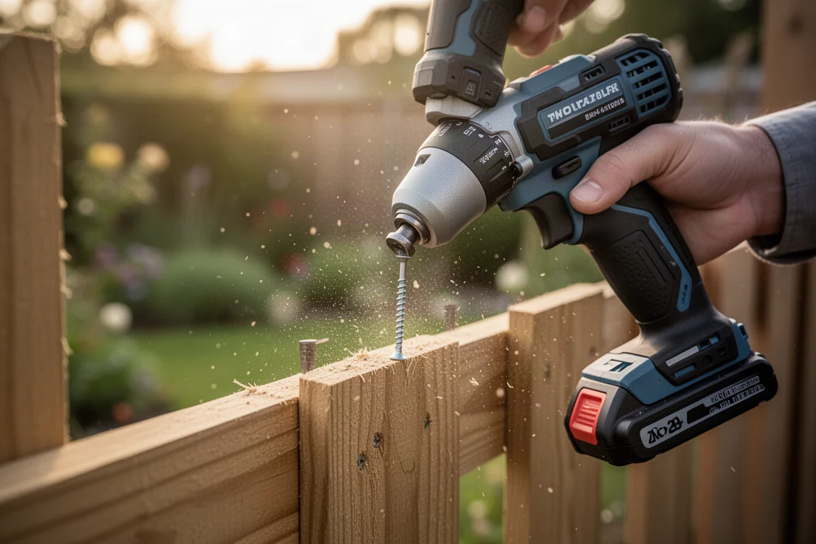 Kompakter akkubetriebener Impact Driver schraubt draußen eine Schraube in ein Zaunbrett