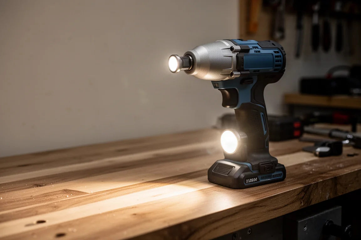 Zwei LED-Arbeitsleuchten beleuchten eine dunkle Ecke einer Werkbank