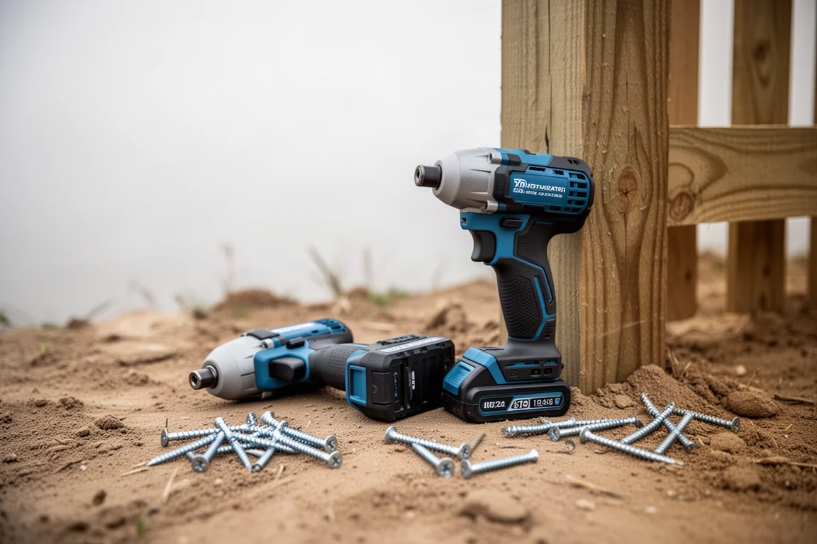 Impact Driver liegt auf sandigem Erdboden neben einem Zaunpfahl
