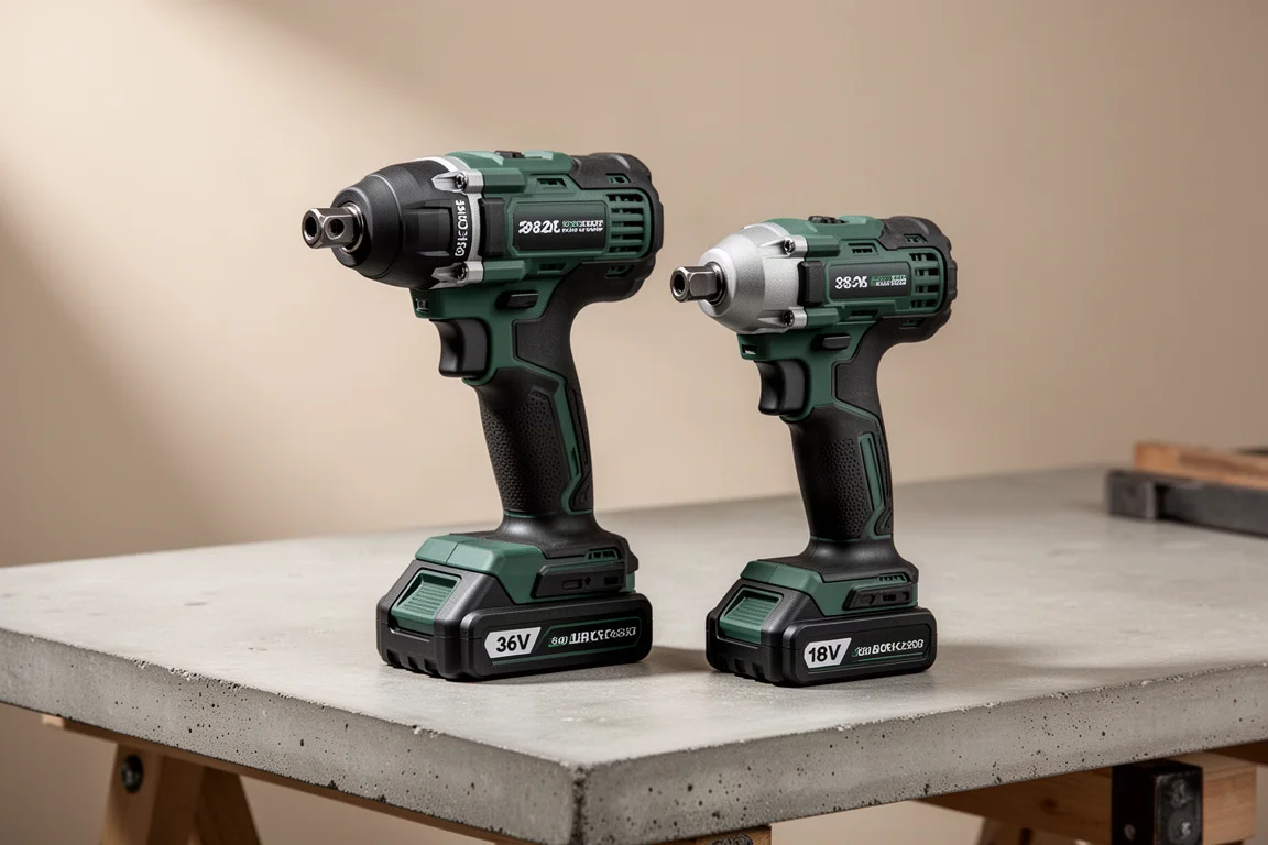Metabo HPT 36V and 18V Triple Hammer impact drivers on a concrete workbench