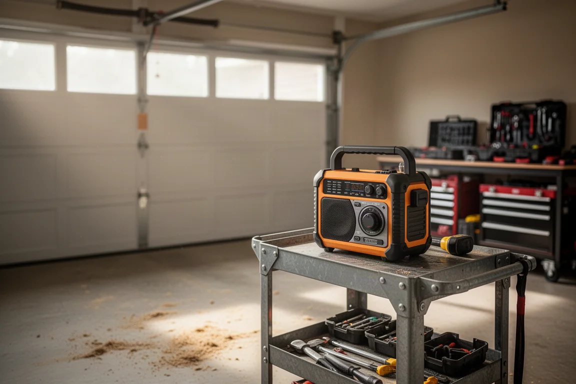 Radio de chantier compacte sur un établi dans un petit garage domestique avec une douce lumière matinale