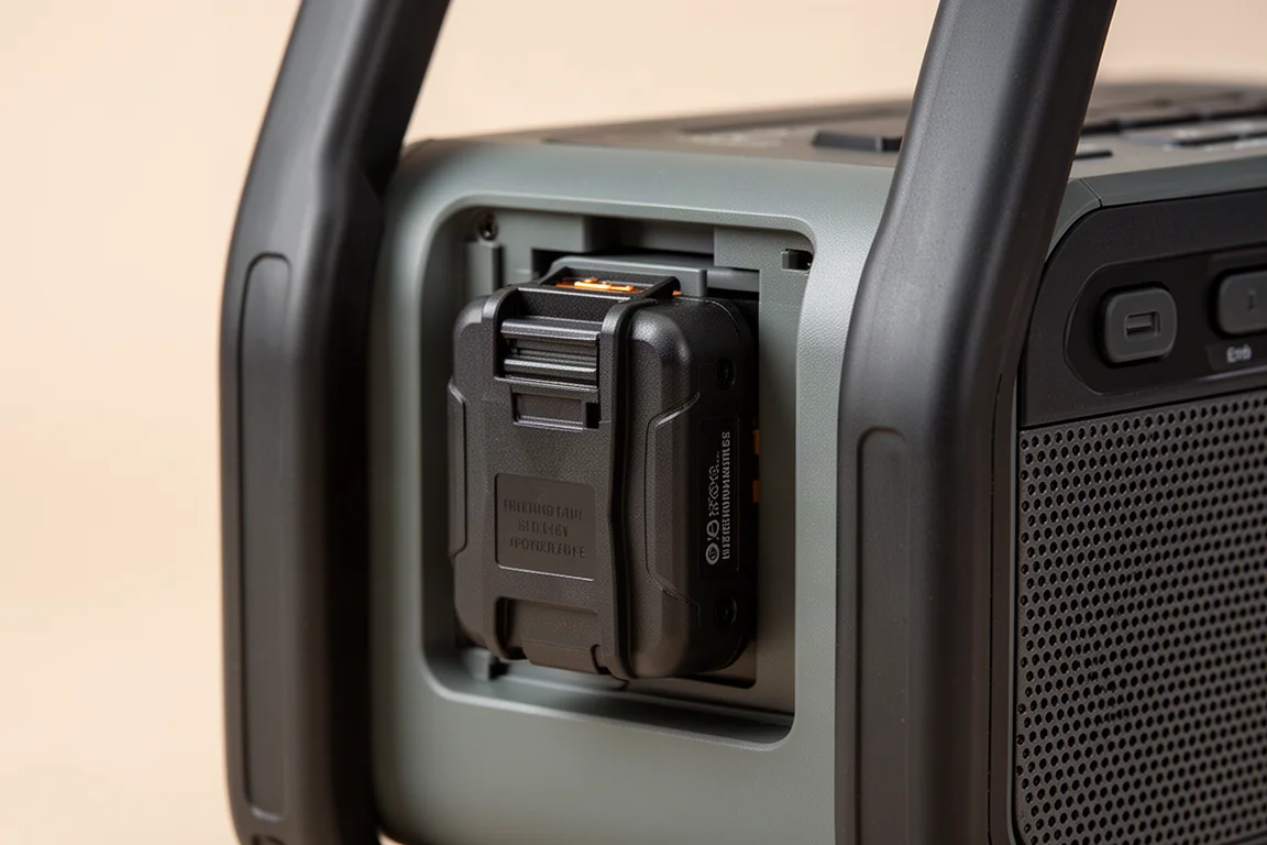 Une main insérant une batterie coulissante dans une radio portable posée sur un établi d'atelier