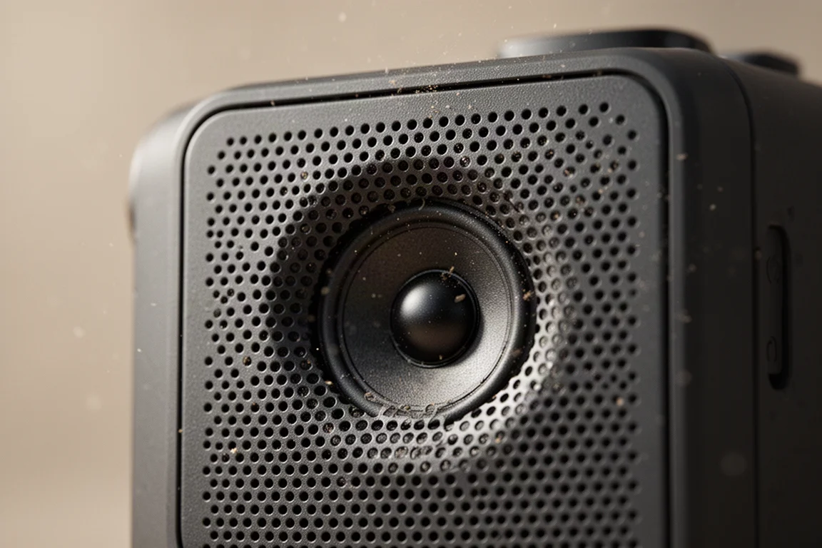 Haut-parleur unique orienté vers l'avant visible à travers la grille de la radio