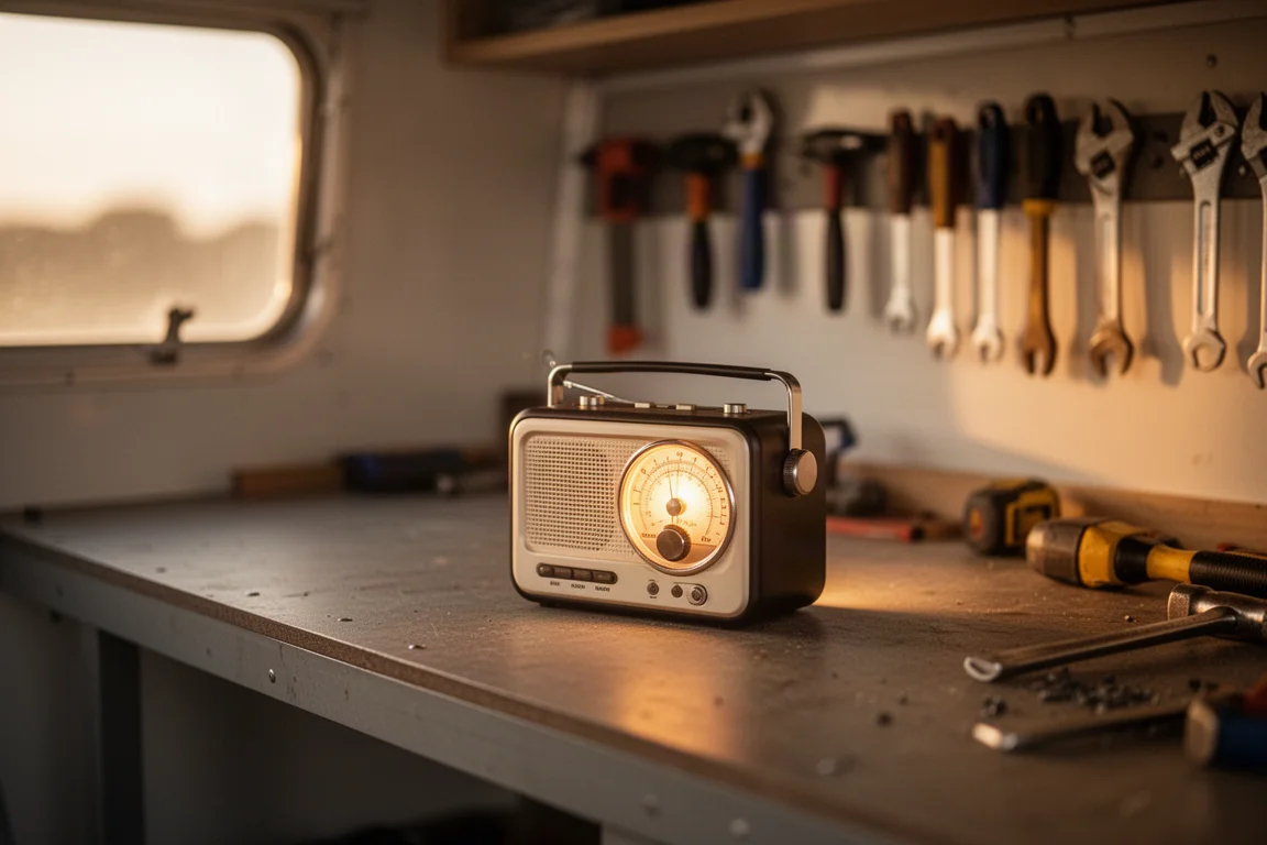 Une personne se détendant dans un petit atelier en écoutant de la musique sur une radio compacte