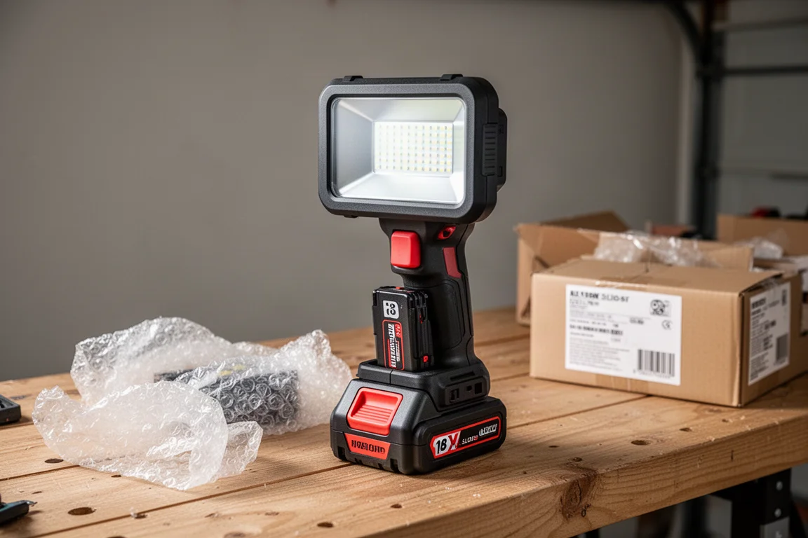 Work light unboxed with battery installed on a garage workbench