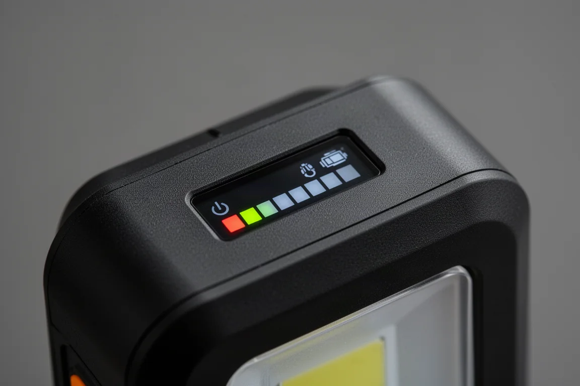 Close-up of output display and battery indicator on top of the light