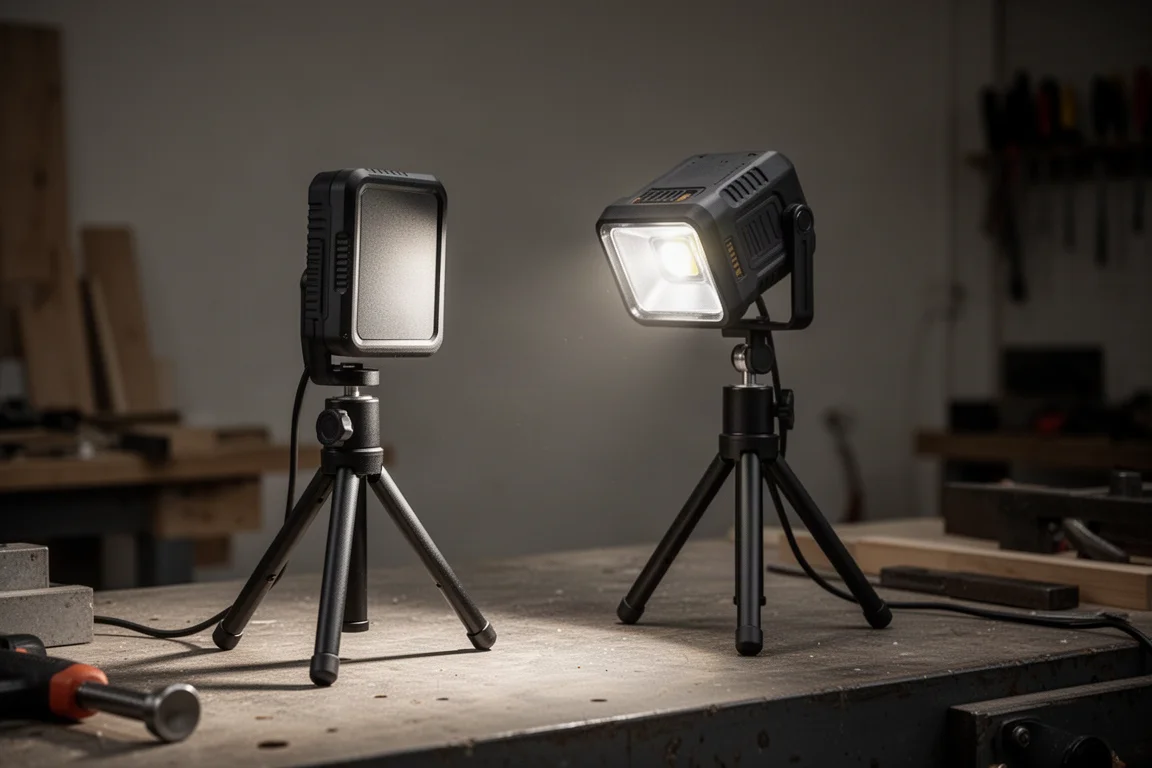 Work light mounted on a tripod in a dim workshop setting