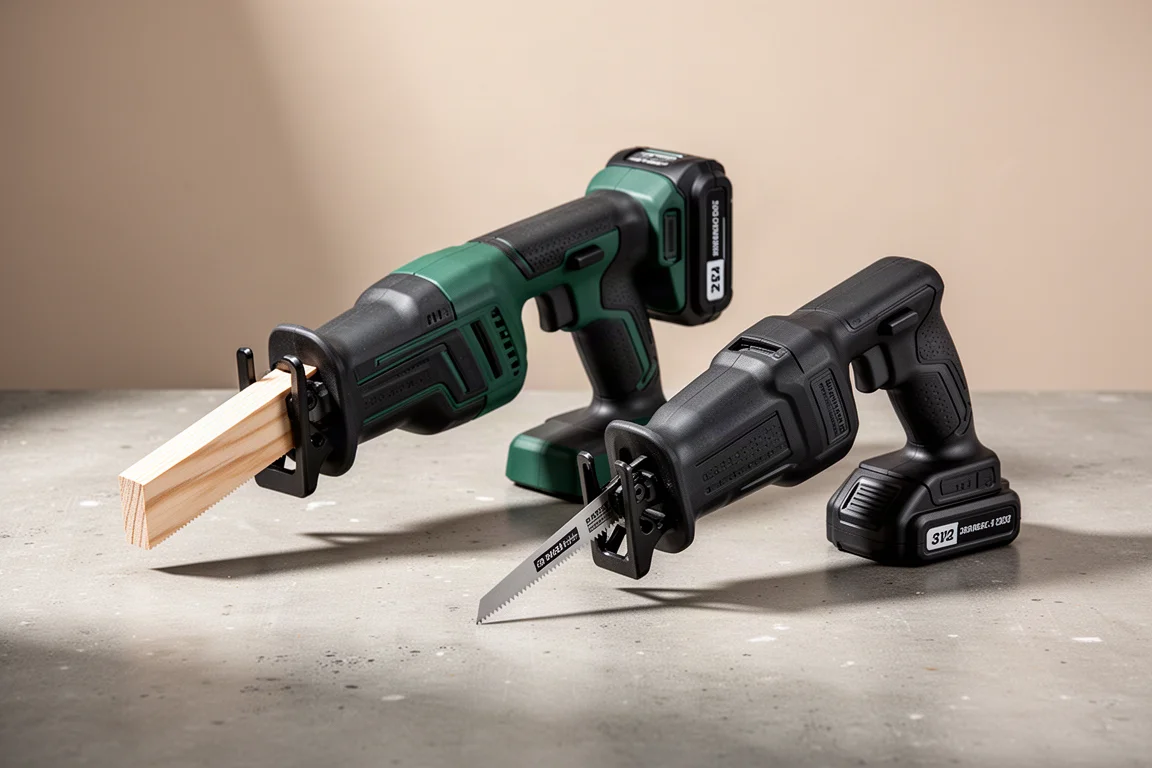Two cordless reciprocating saws side by side on a concrete workshop surface