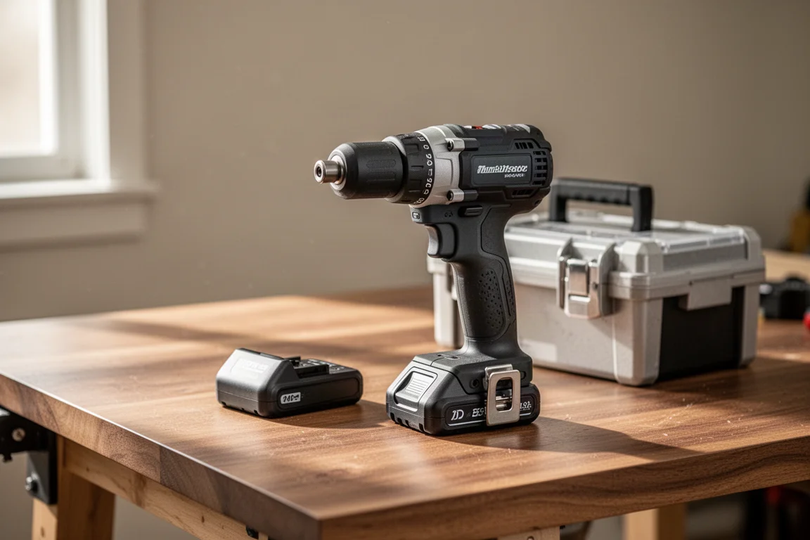 Impact driver sem fio em uma bancada com uma bateria recém-carregada