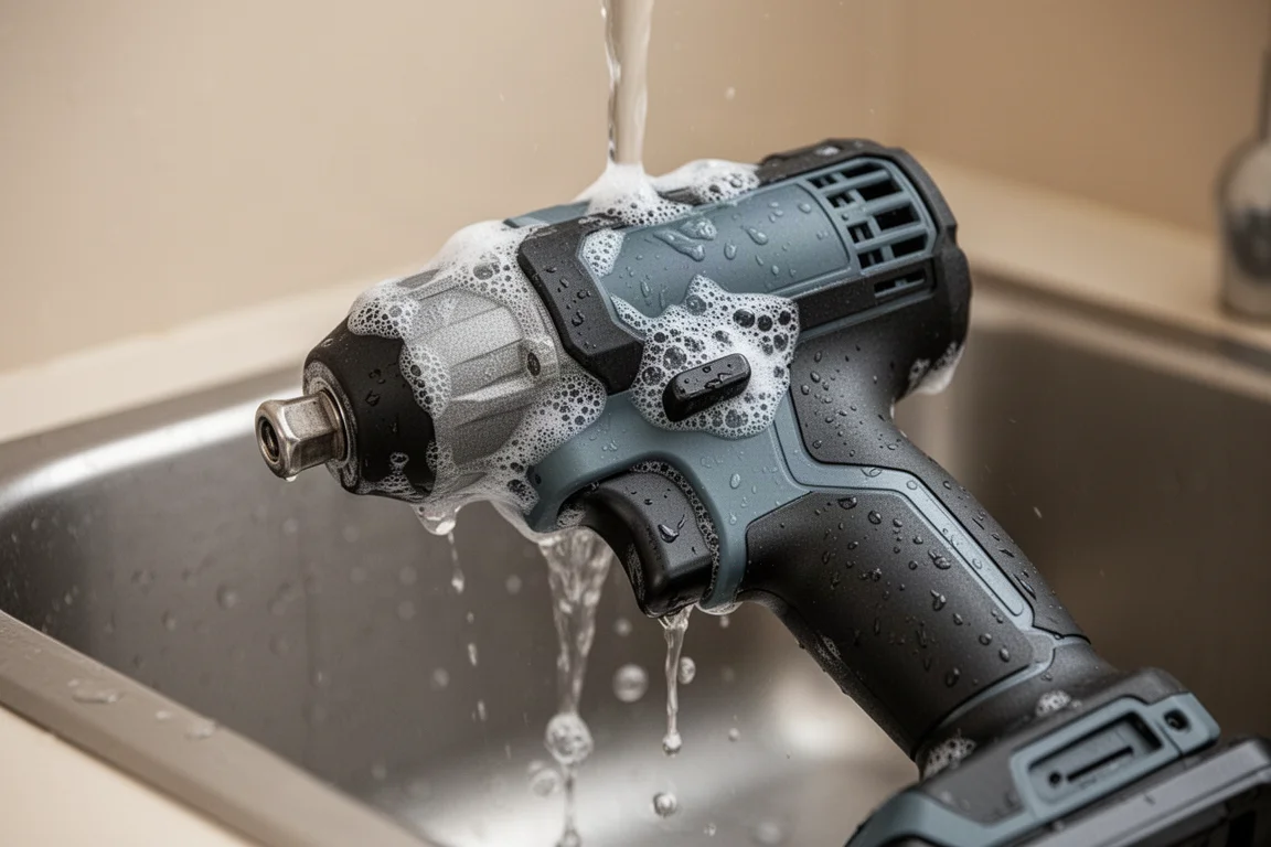 Impact driver sendo enxaguado sob uma torneira em uma pia de utilidades