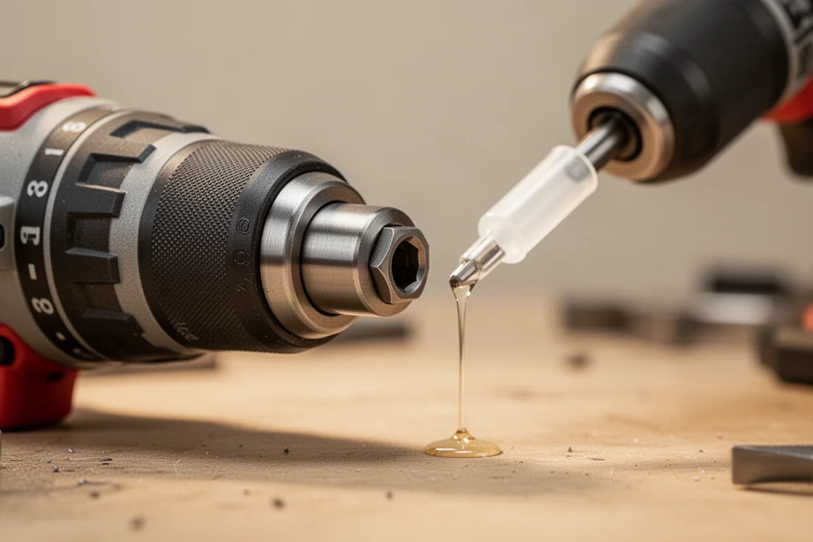 Close-up do mandril de um impact driver sendo lubrificado com um pequeno aplicador