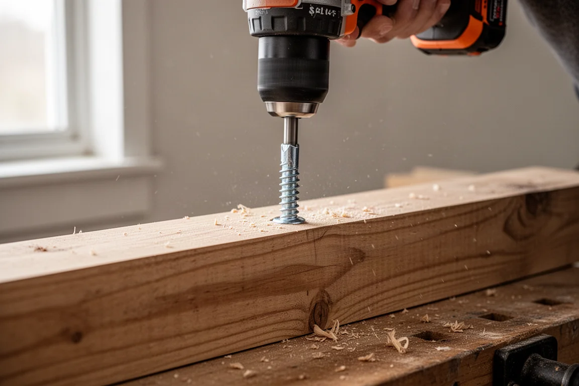 Avvitatore a impulsi che avvita un grosso bullone in una trave di legno
