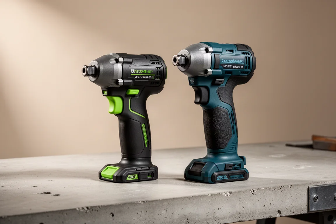 Two cordless impact drivers side by side on a concrete workbench